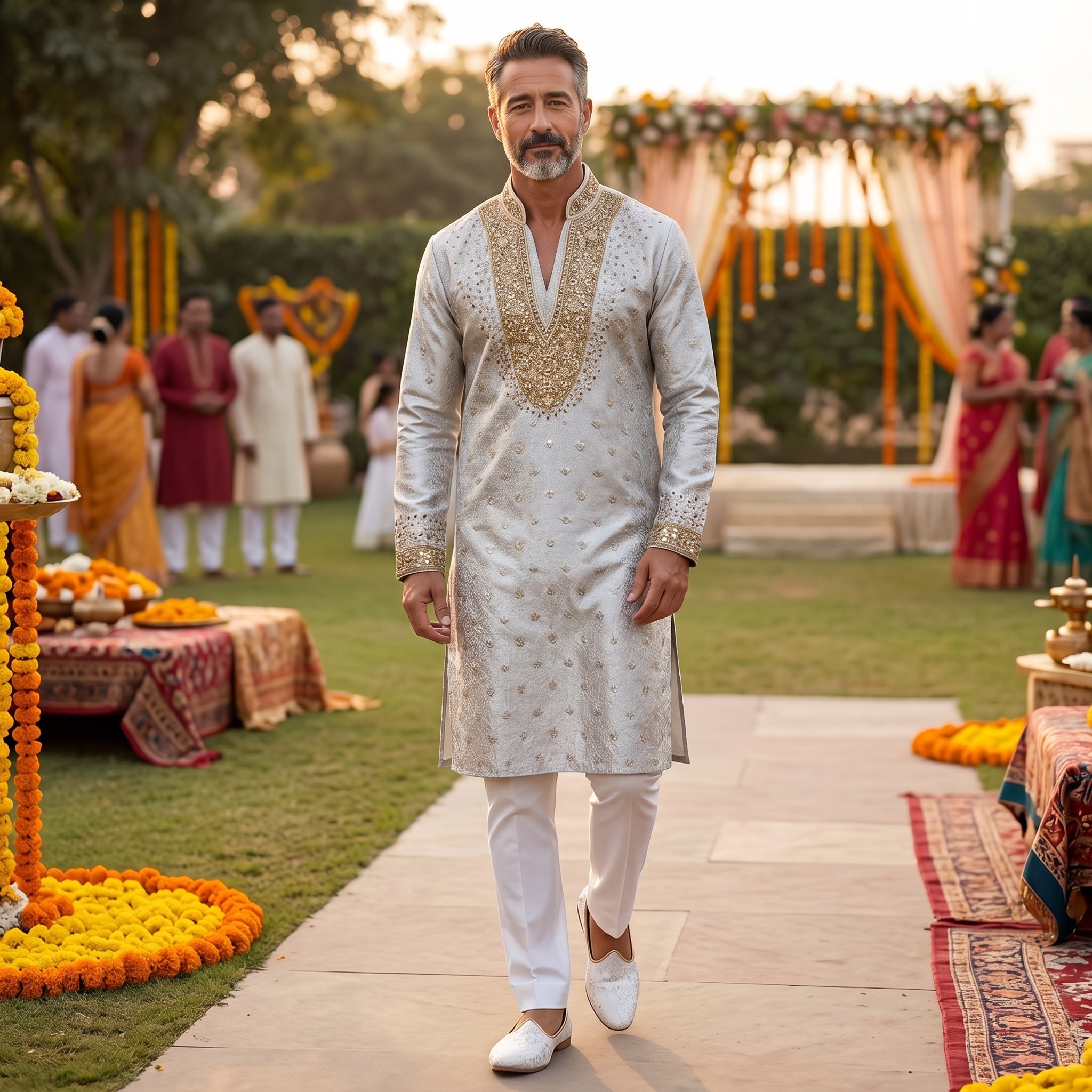 Ivory Heavy Emb Mirrored V Neck Kurta