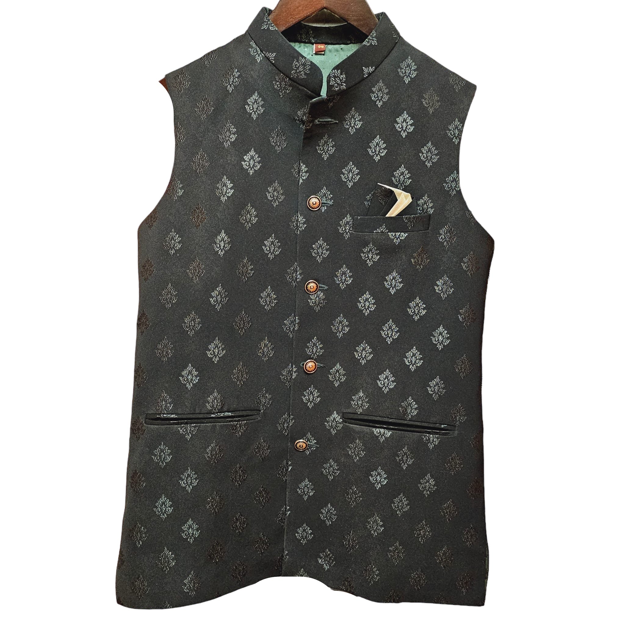 YD Dark Green Jacquard Vest - Vintage India NYC
