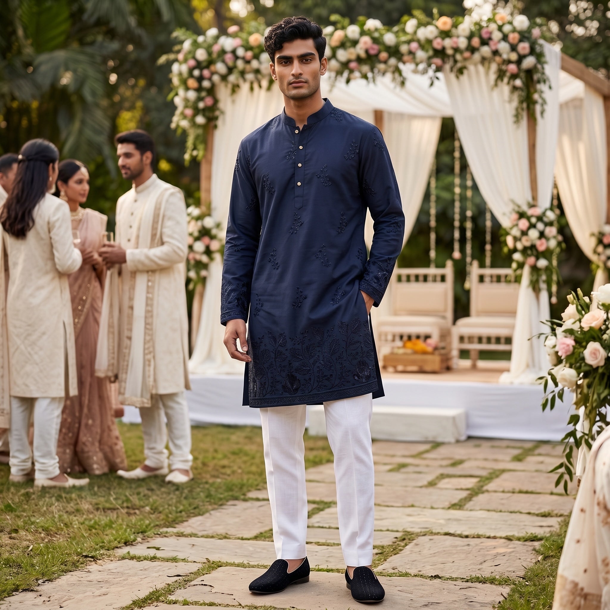 Navy Quince Embroidered Kurta - Vintage India NYC