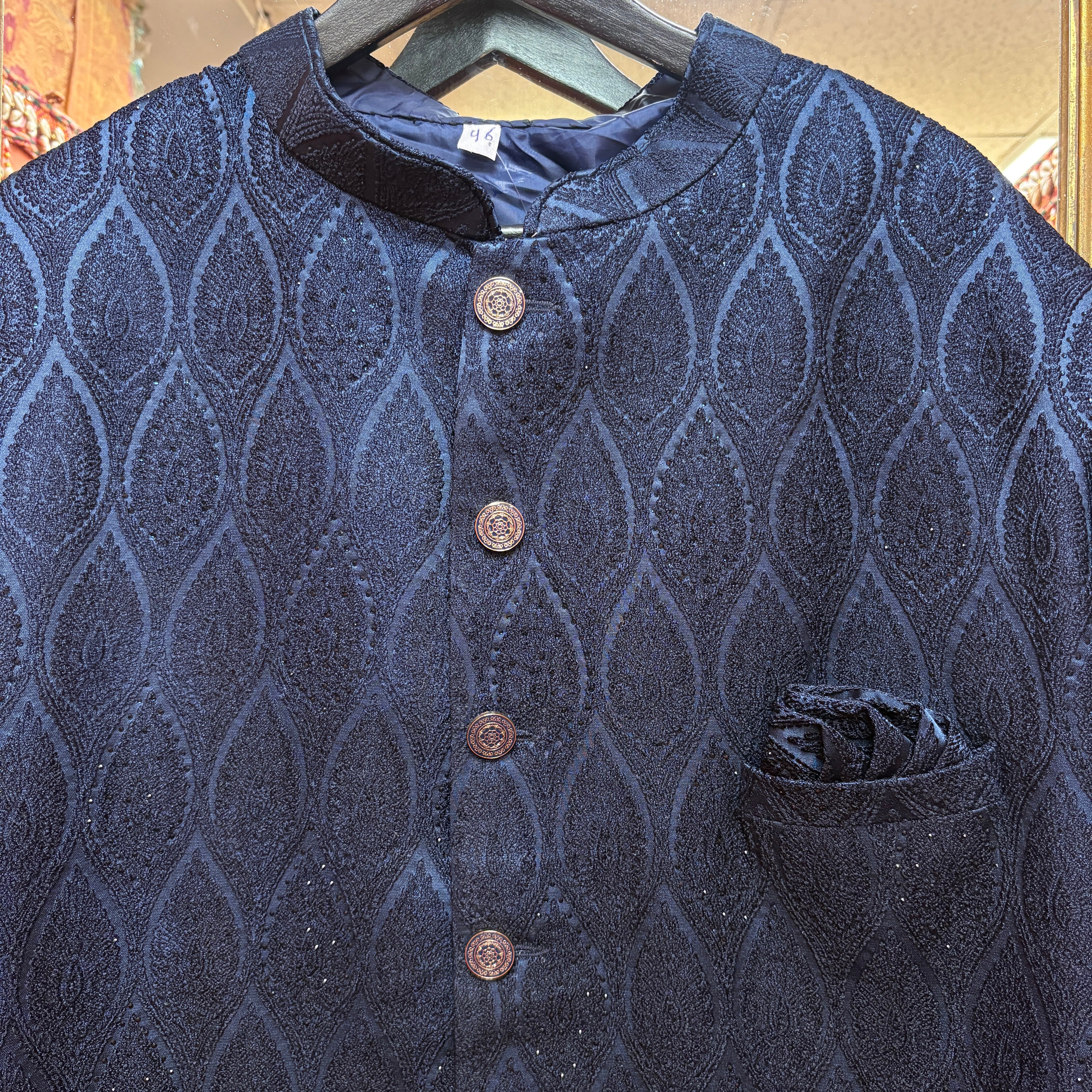 Navy Paisley Leaf Sherwani