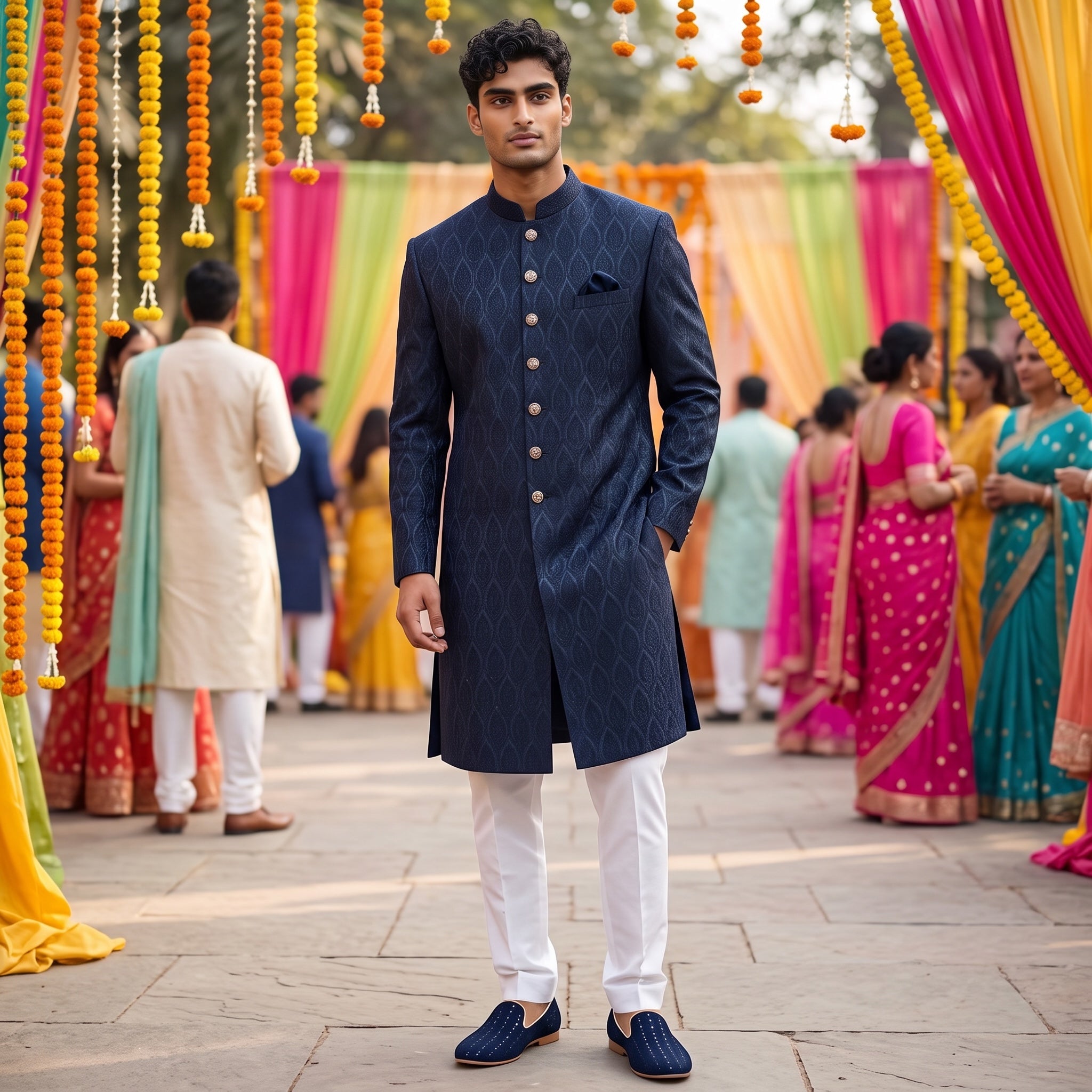 Navy Paisley Leaf Sherwani