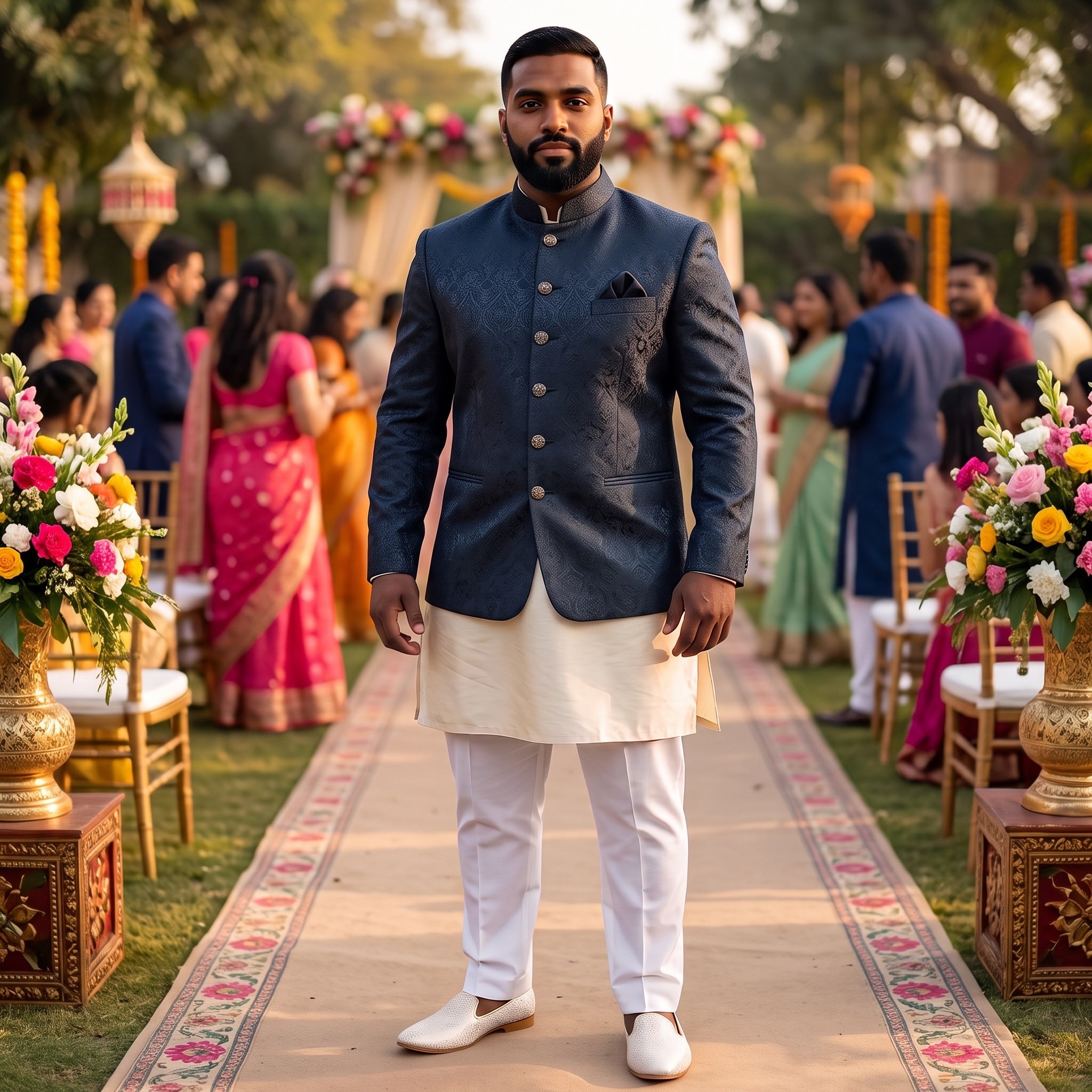 Navy Jacquard Jodhpuri Jacket -Big & Tall