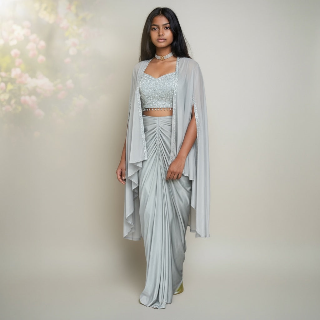 Silver Sequin Cape w/Drape Skirt