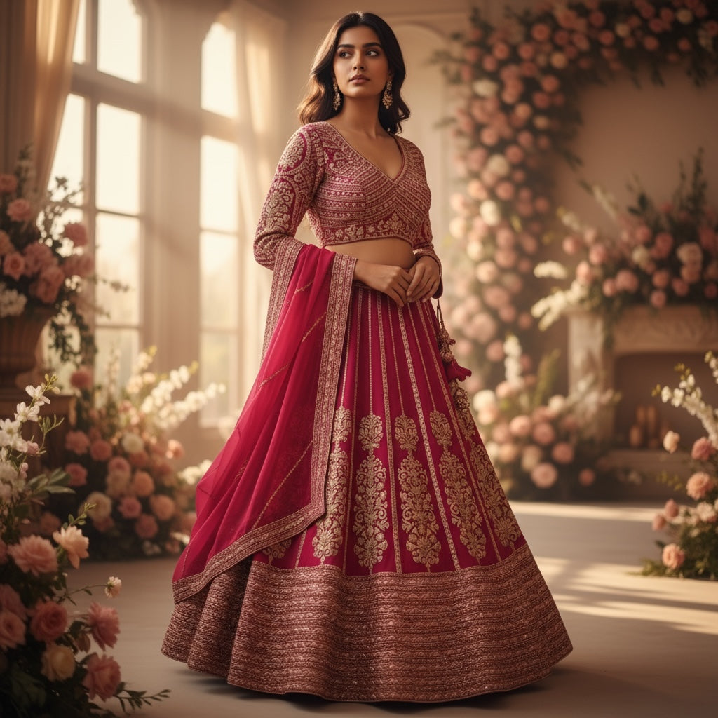 Heavy Rani Pink Lehenga Set w/ Long Sleeves