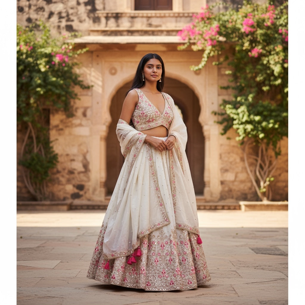 Light Gold Floral Embroidered Georgette Lehenga Set Q