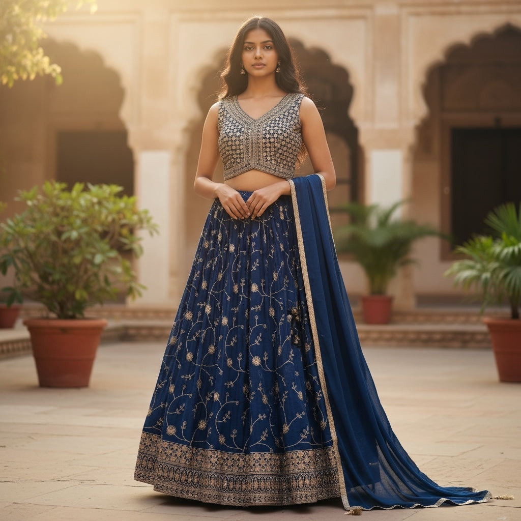 Ocean Embroidered Georgette Lehenga Set Q