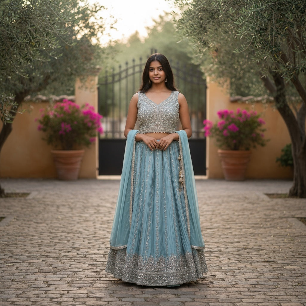 Sky Mint Georgette Lehenga Set