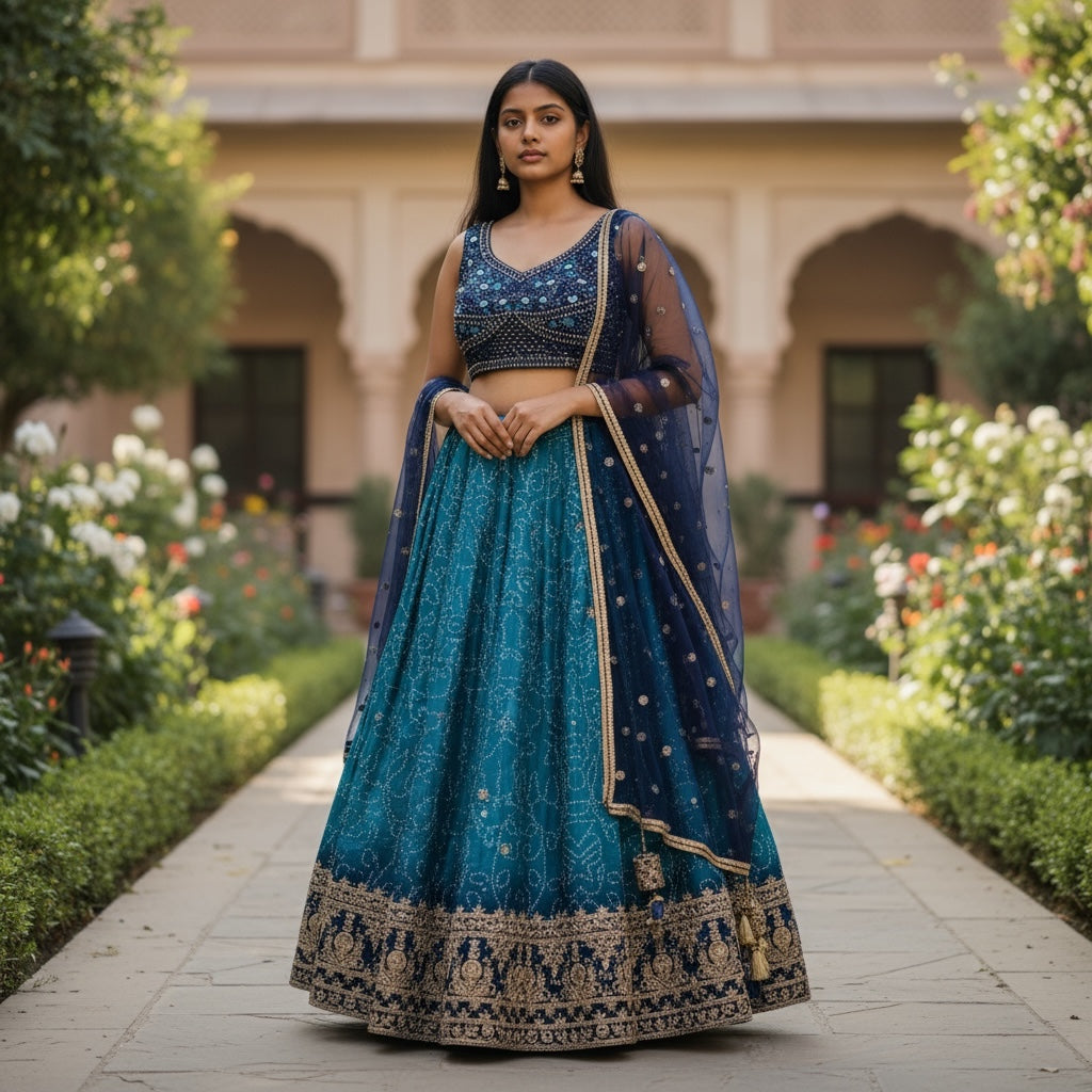 Turquoise Navy Mirror Bandhani Lehenga Set