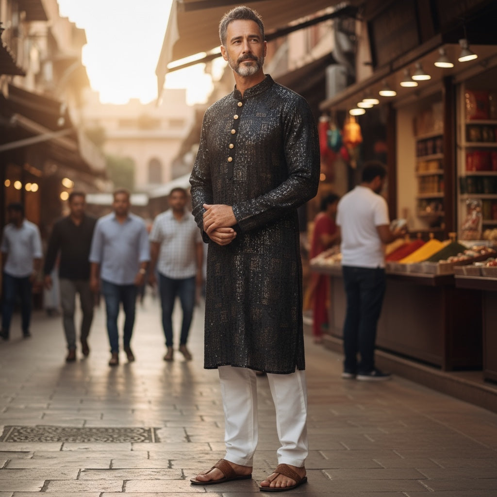 Navy Embroidered Sequin Kurta