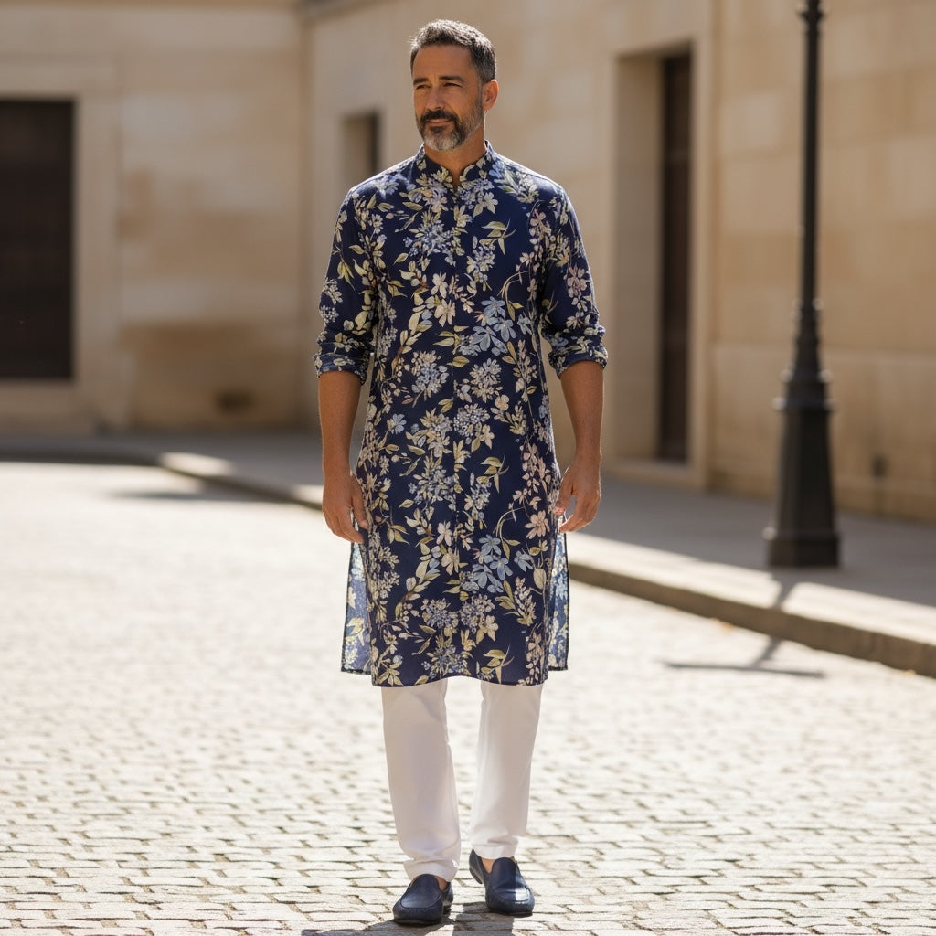 Navy Floral Print Kurta 2