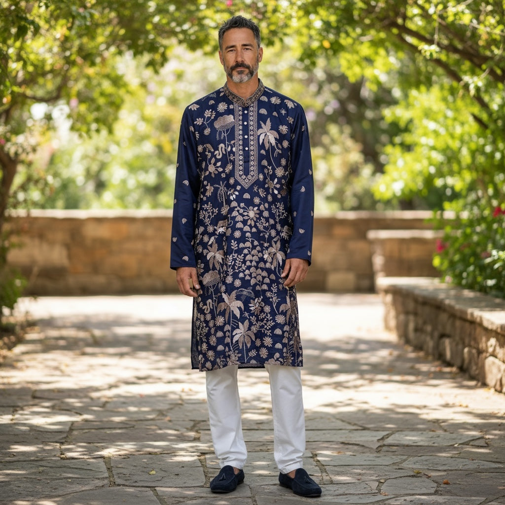 Navy w/ Tan Heavy Embroidered Kurta
