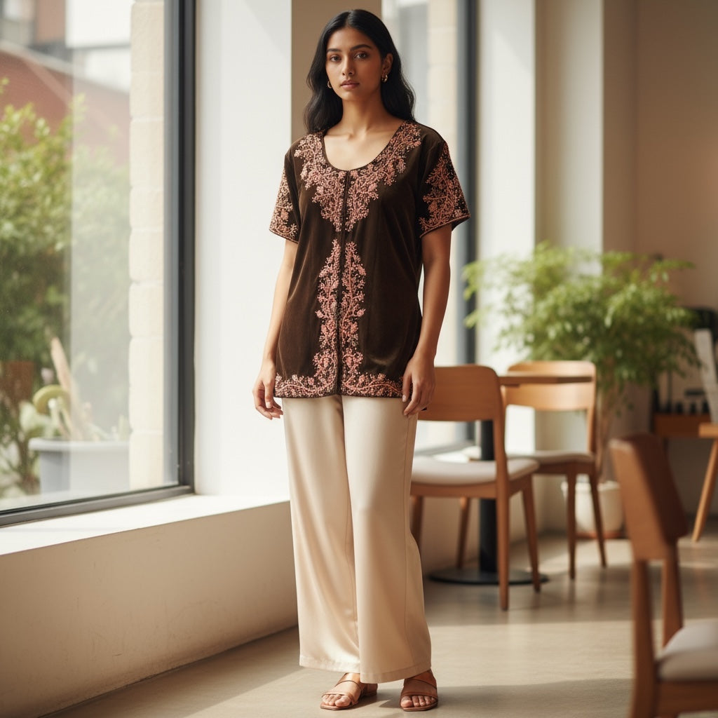 Brown Velvet Top with Zardosi Embroidery