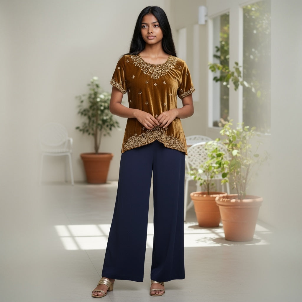 Gold Velvet Top with Zardosi Embroidery