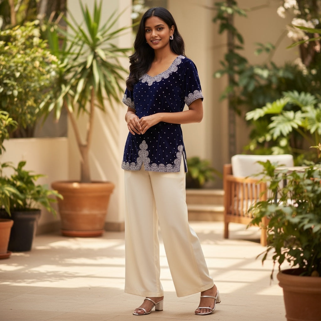 Navy Velvet Top with Silver Zardosi Embroidery