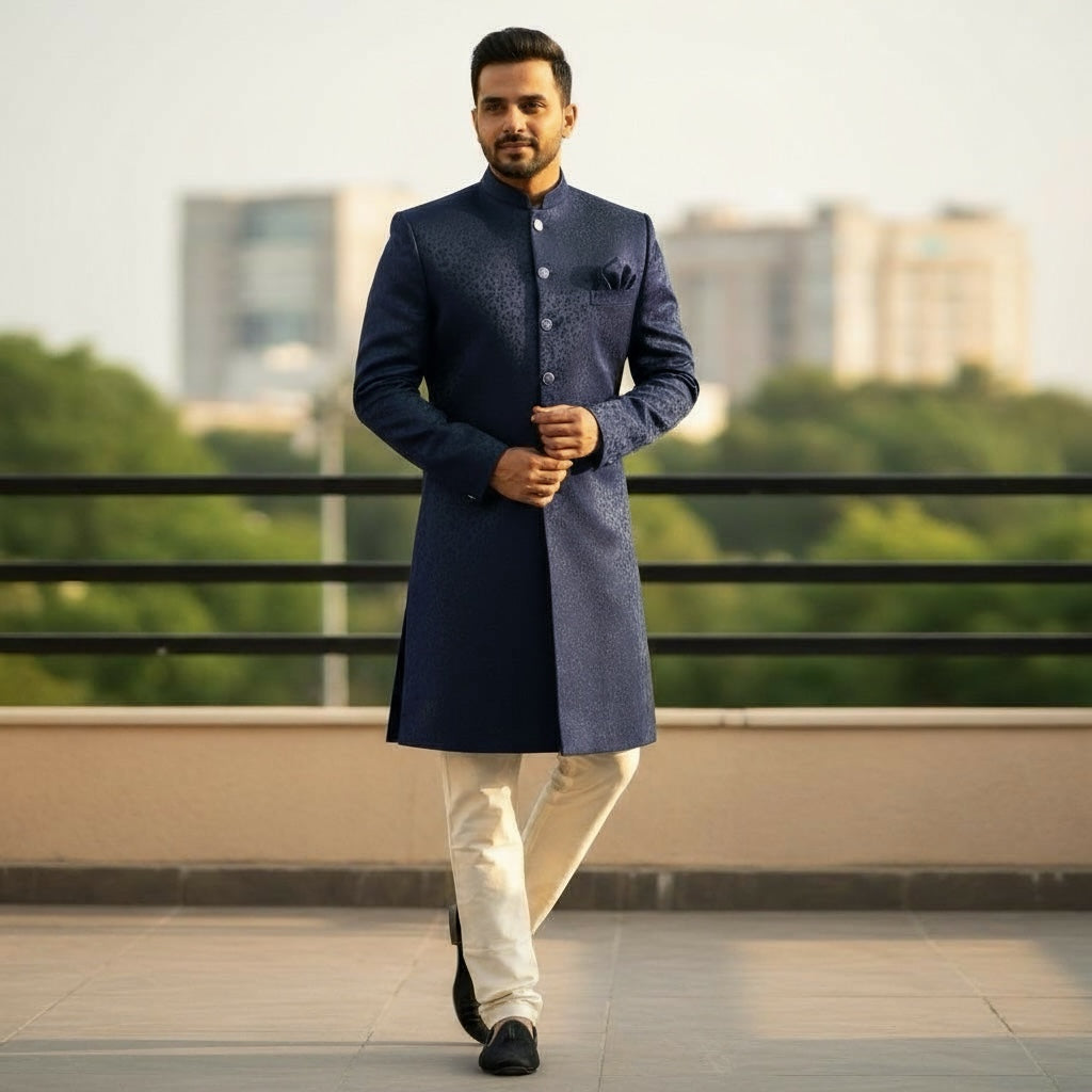 Navy Blue Sherwani Floral Jacquard