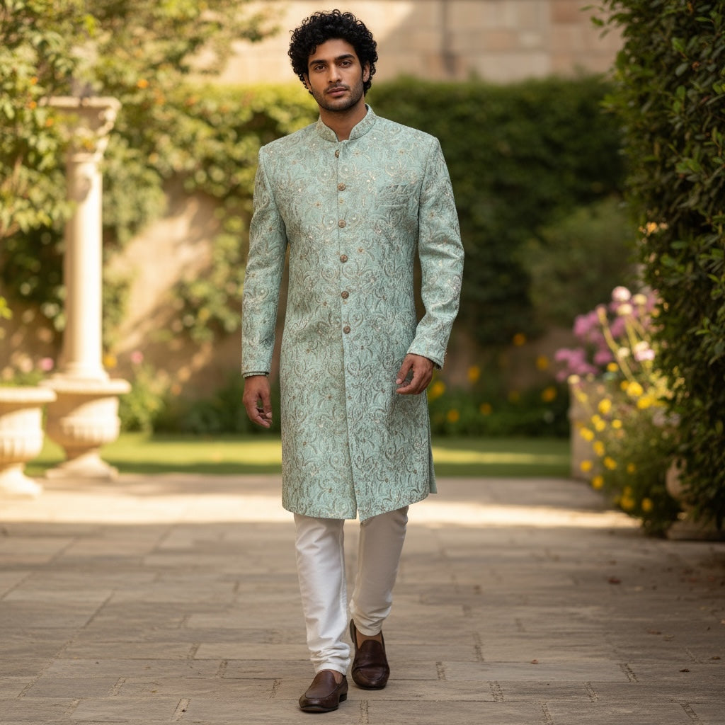 YD Mint Blue Embroidered Sherwani