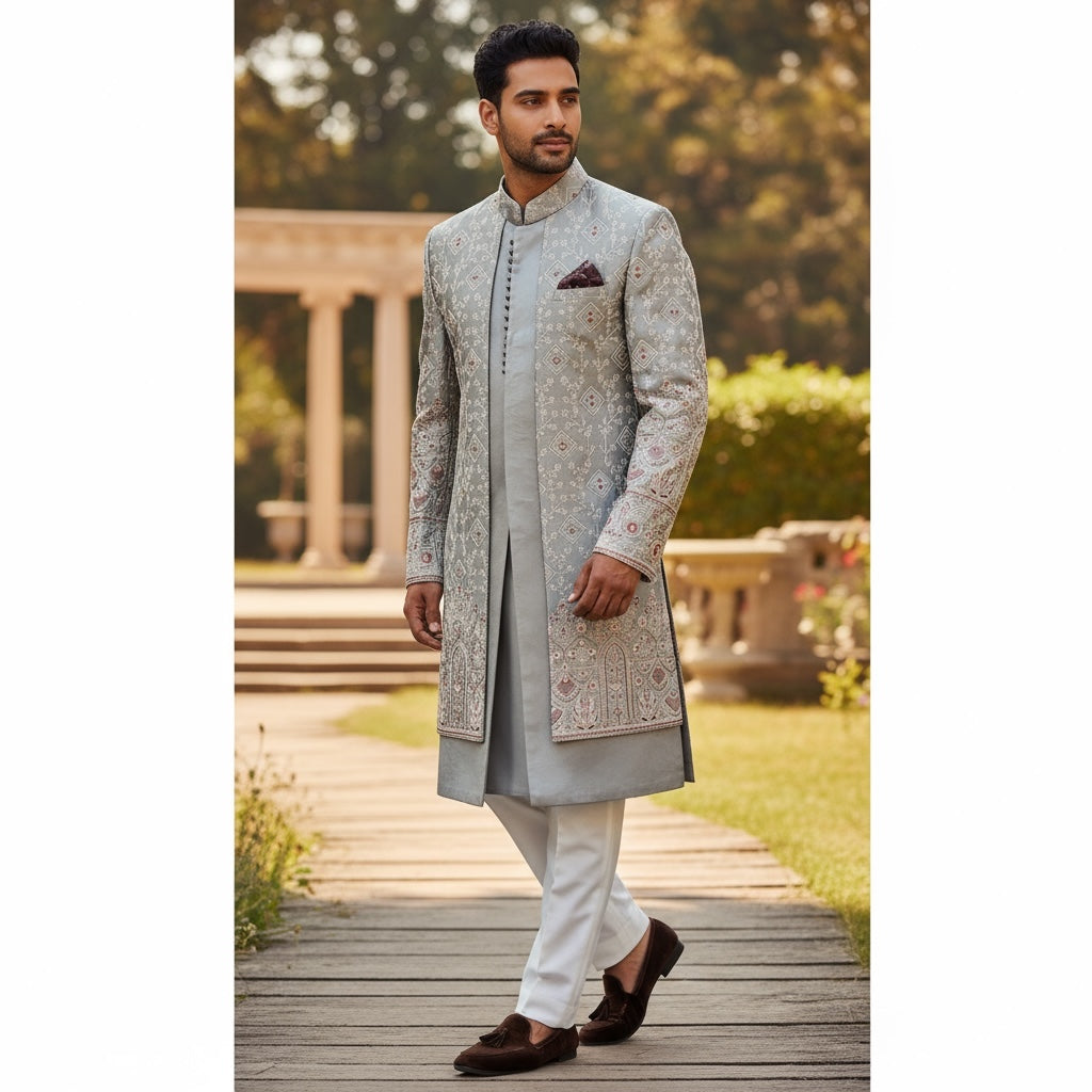 YD Silver Embroidered Double Sherwani