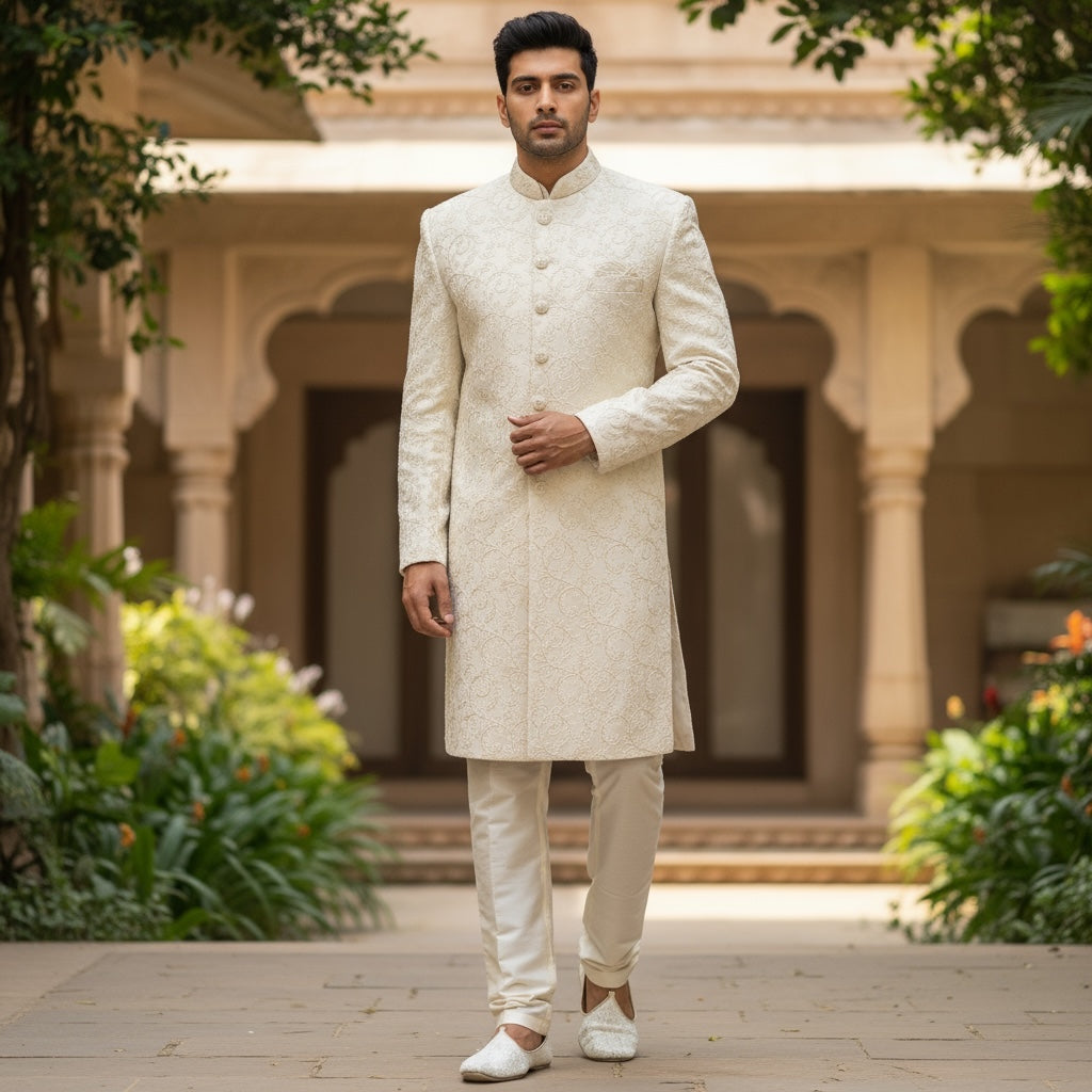 YD Ivory Heavy Embroidered Groom Sherwani