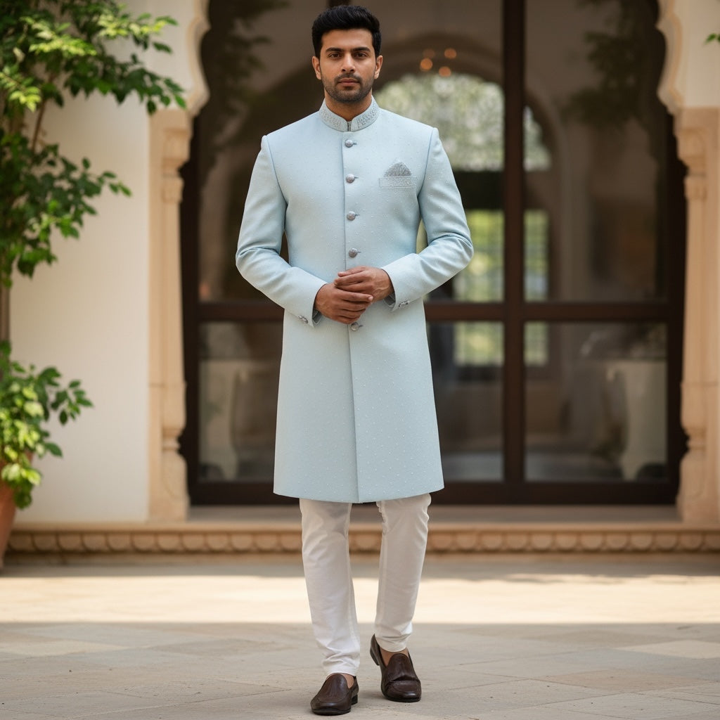 Ice Blue Sherwani w Silver Leaf Motif