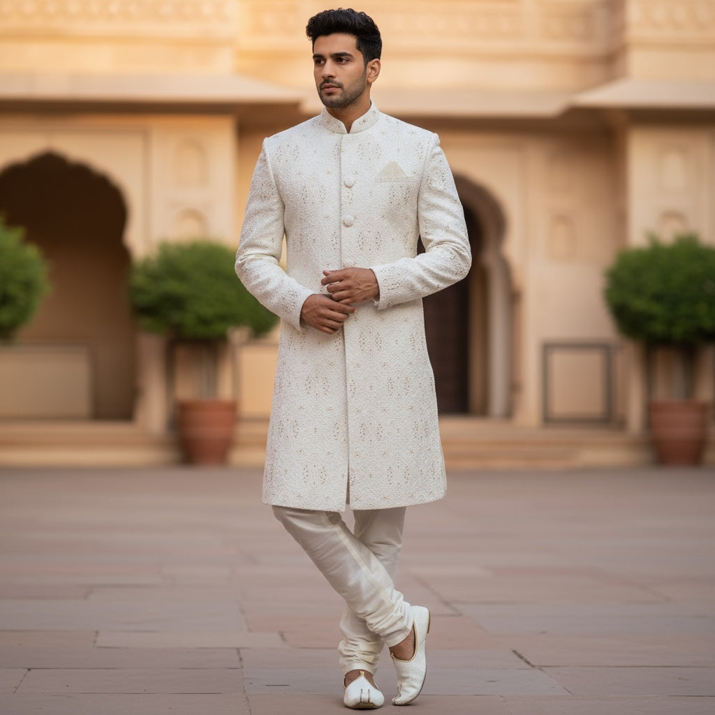 Ivory Pearl Heavy Embroidered Groom Sherwani