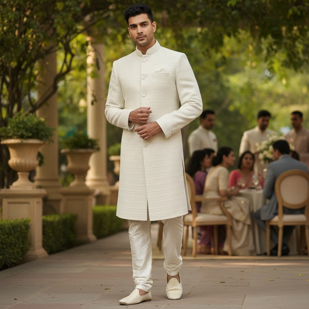 YD Ivory Self Embroidered Sherwani