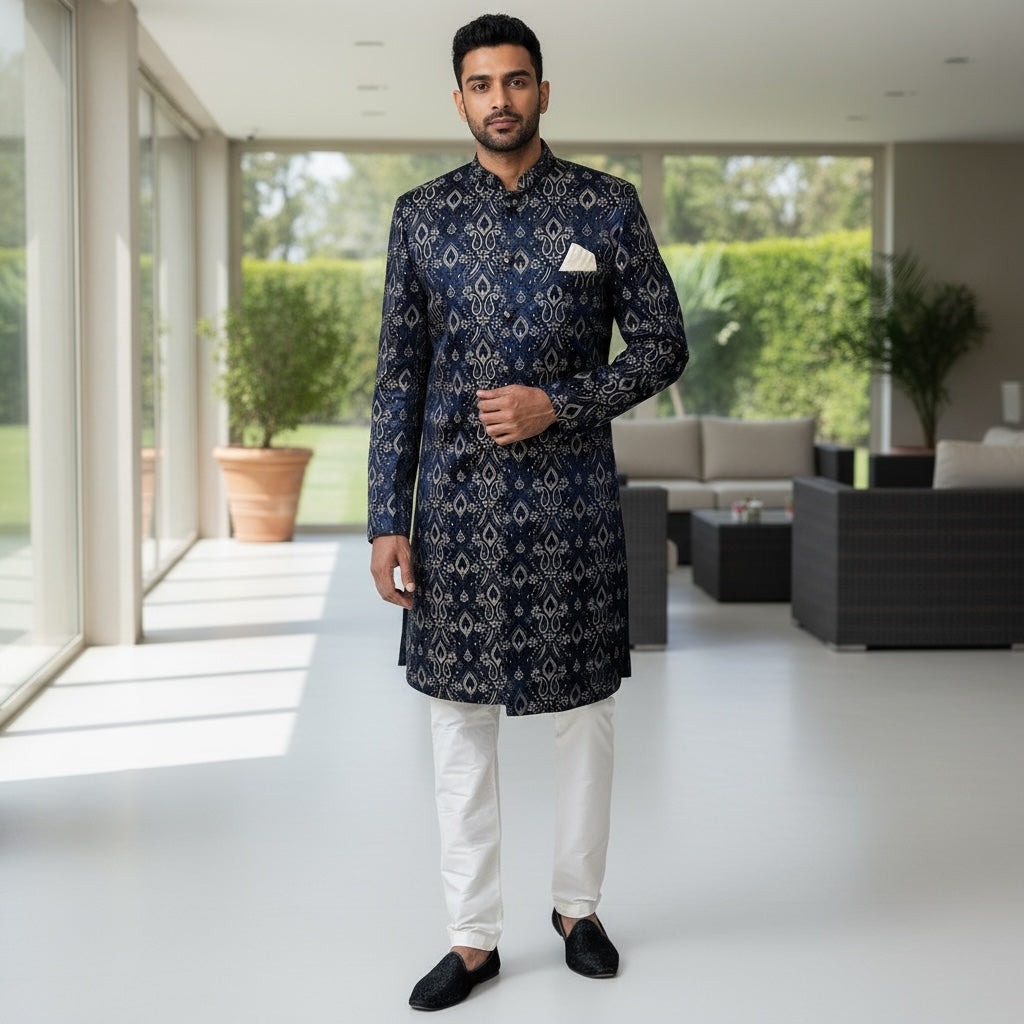 Navy Blue Sherwani Paisley Brocade-2 Colors