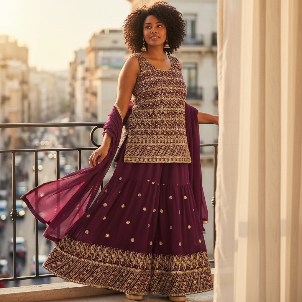 Plus Size Gold Sequin Gharara Set-3 Colors