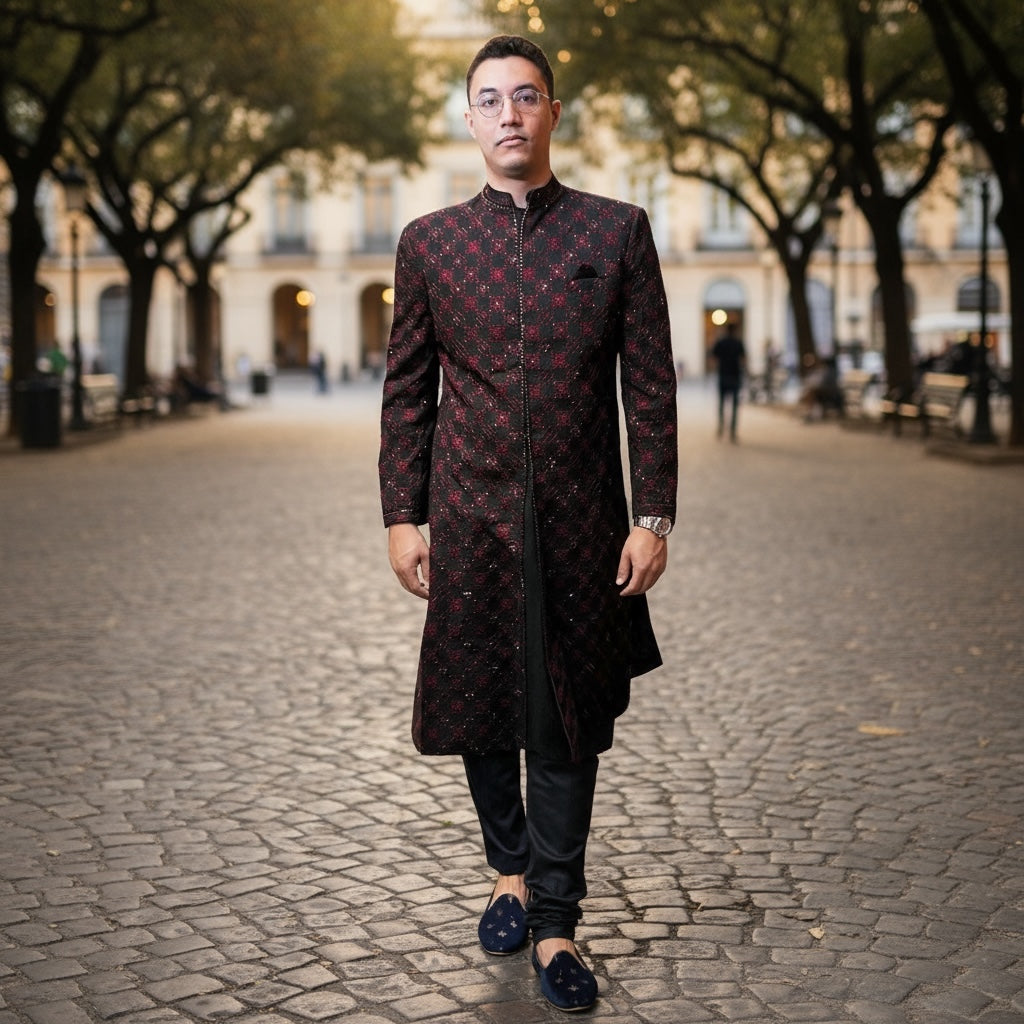 Black Sherwani with Maroon Threadwork