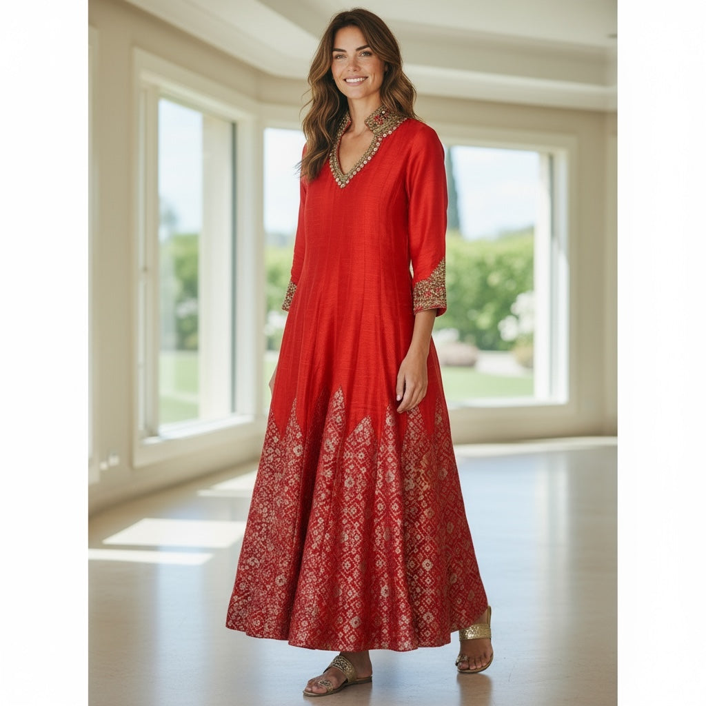 Red Silk Anarkali-Size 36 - Vintage India NYC