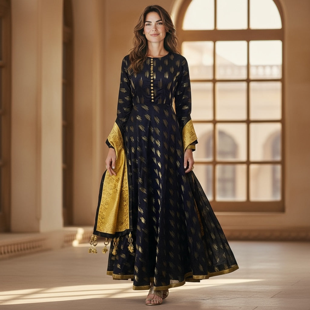 SH Navy Brocade Anarkali Set - Vintage India NYC