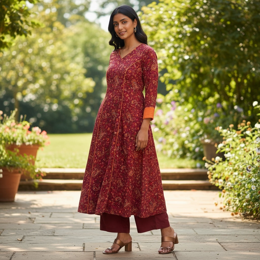 Red Floral Anarkali Kurta - Vintage India NYC