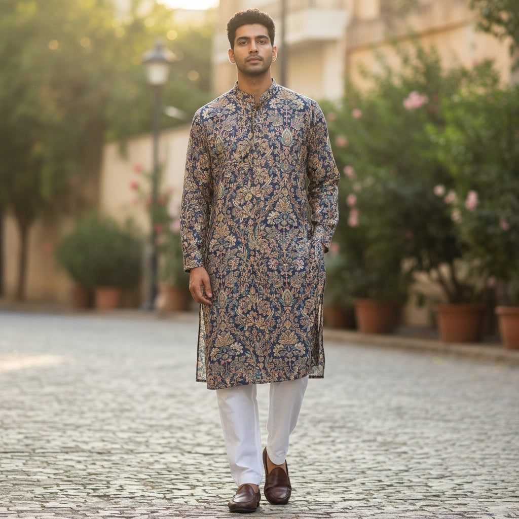 Navy Floral Print Kurta 3