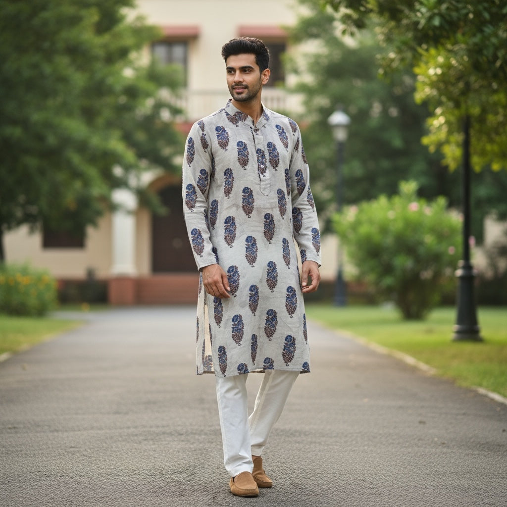 Grey Block Print Floral Kurta