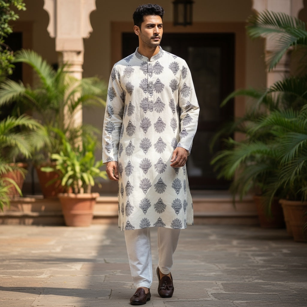 White Kurta Navy Fan Motif