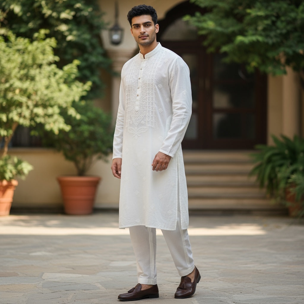 LH Hand Embroidered White Wedding or Puja Kurtas-Heavy Yoke