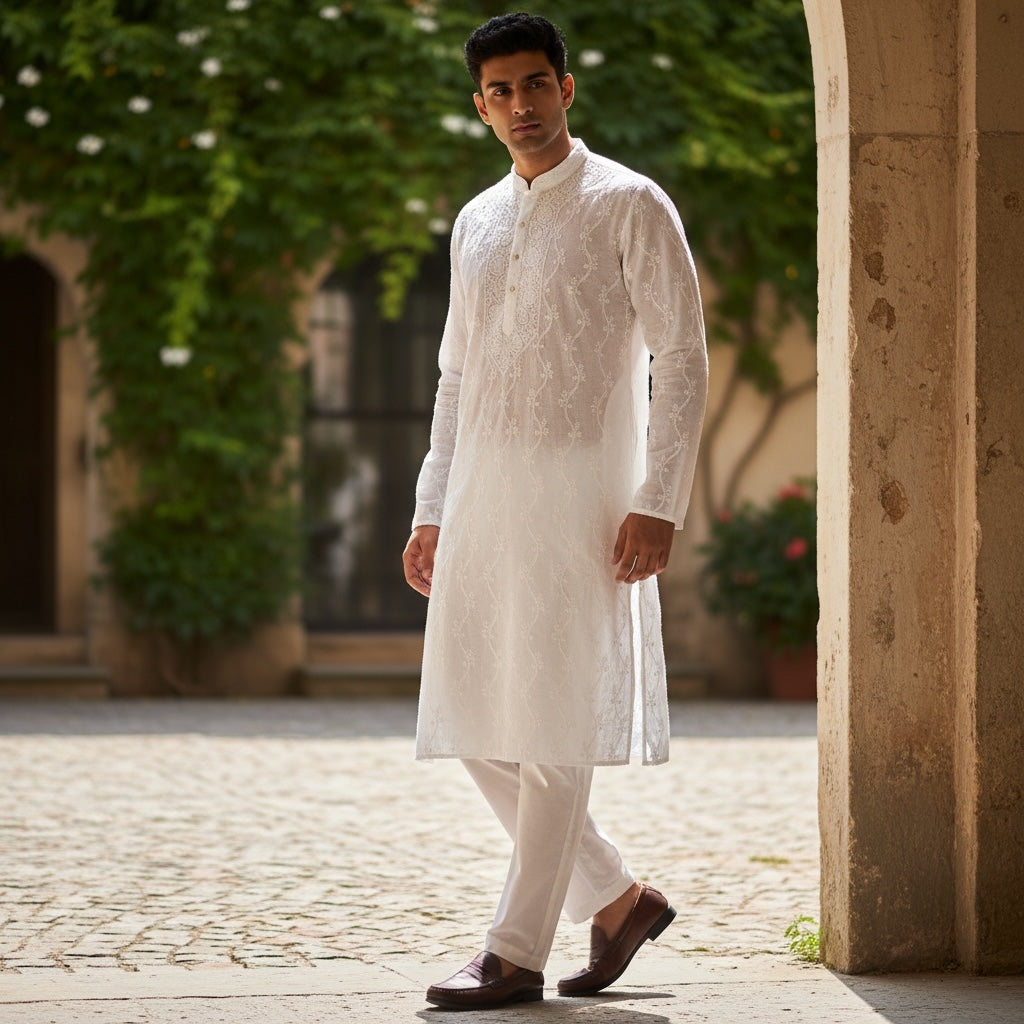 LH Hand Embroidered White Kurtas- Murra Vine