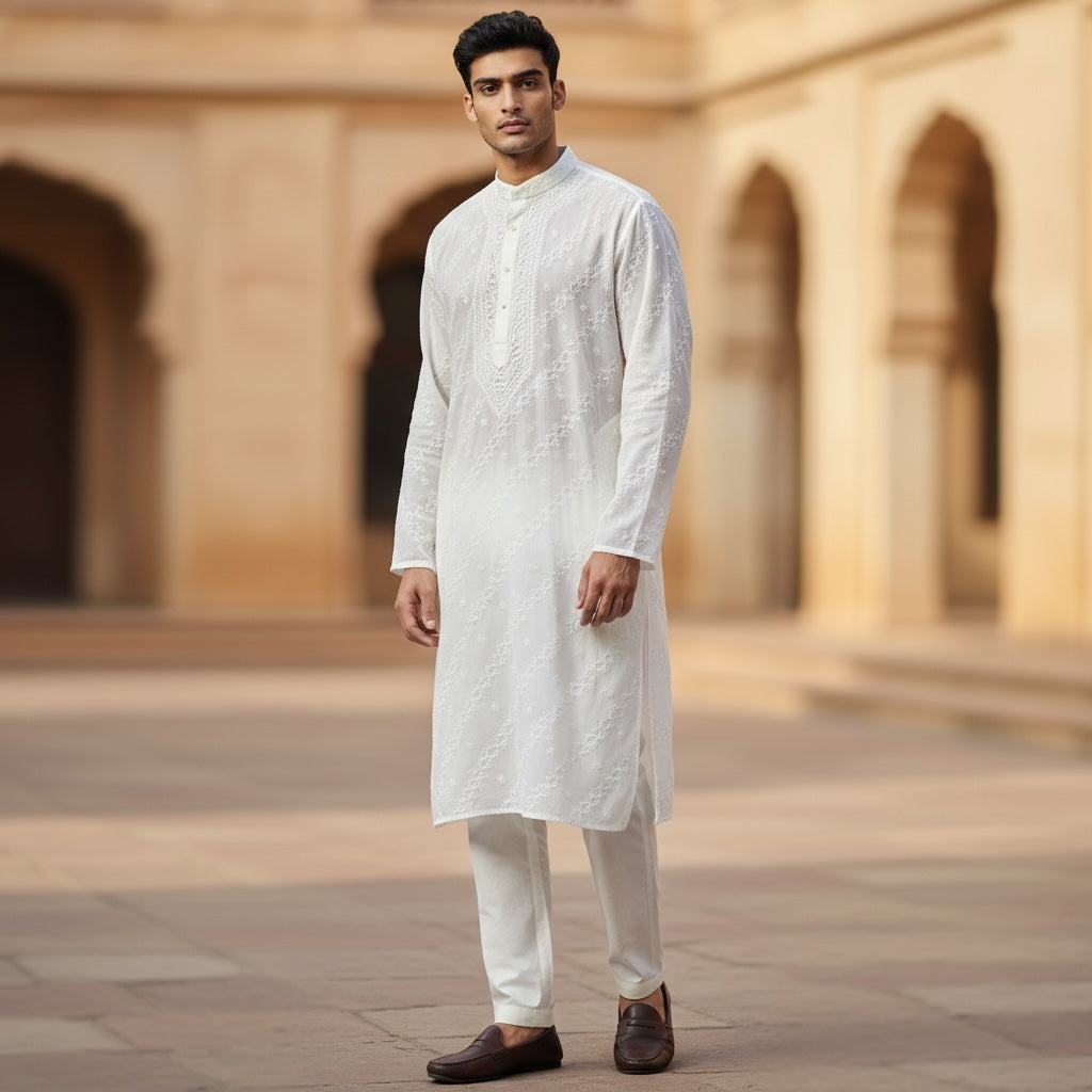 LH Hand Embroidered White Kurtas- Diagon