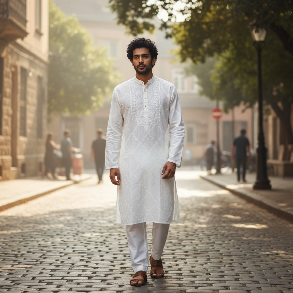 LH Hand Embroidered White Kurtas- 1042 Diagonal Floral