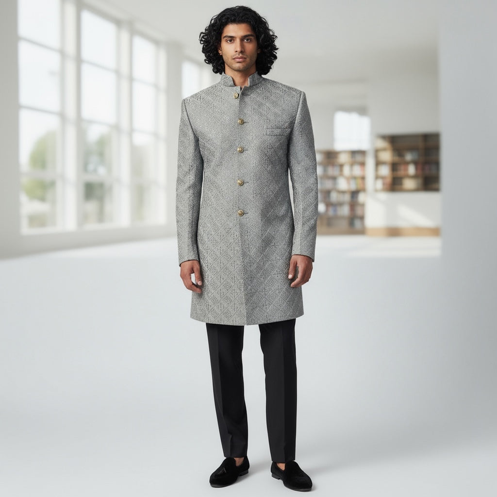 Silver Lucknowi Sherwani - Vintage India NYC