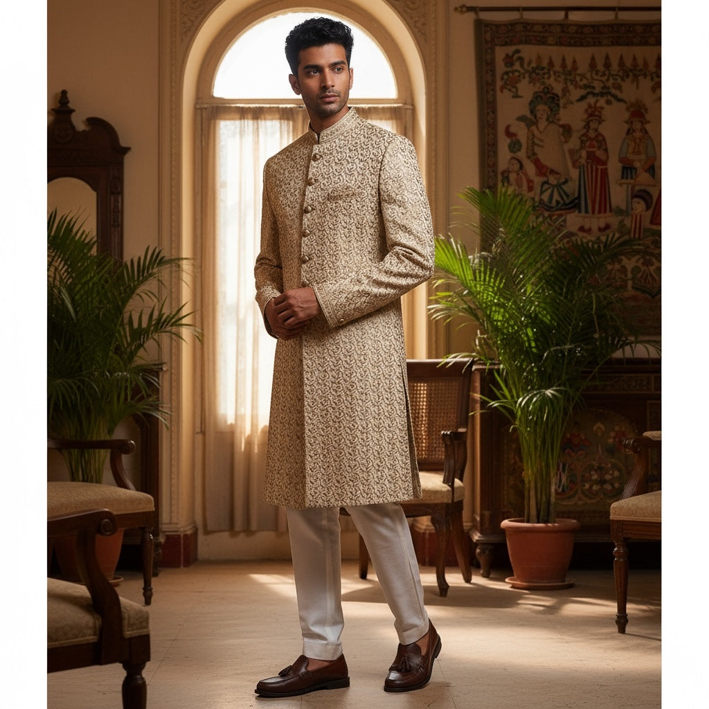 Cream & Gold Embroidered Sherwani - Vintage India NYC