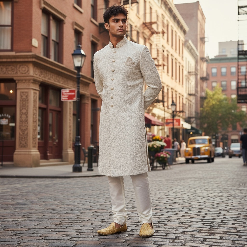 YD Ivory Floral Sherwani - Vintage India NYC