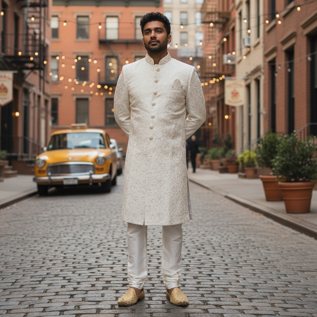 YD Ivory Floral Sherwani - Vintage India NYC