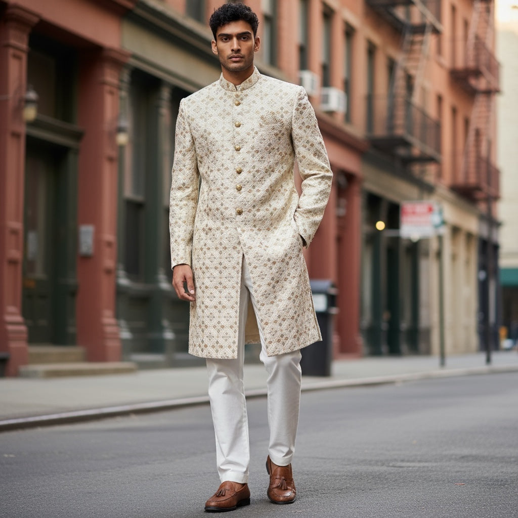 Ivory Sage Rose Gold Textured Sherwani - Vintage India NYC