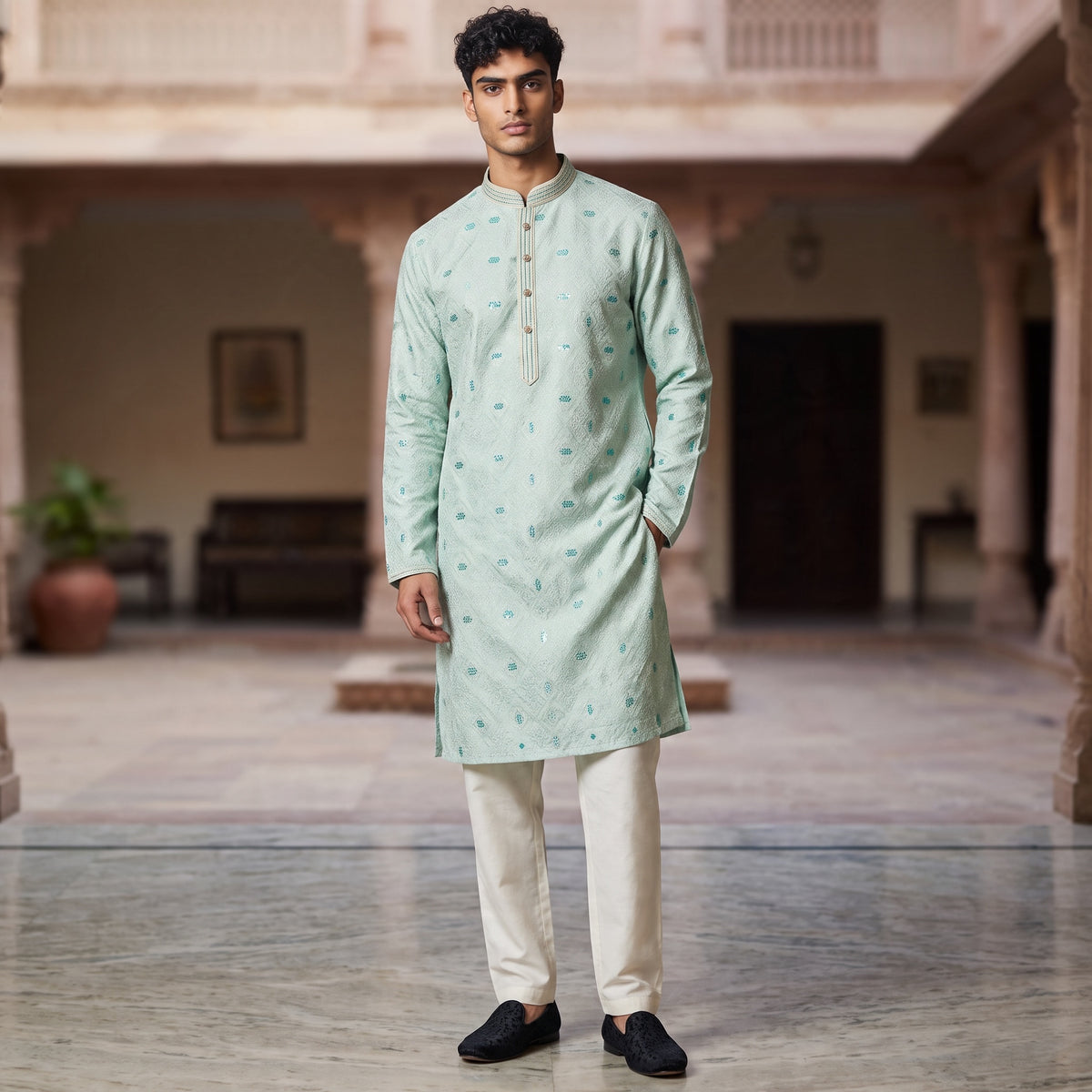 Mint Sequin Jacquard Kurta