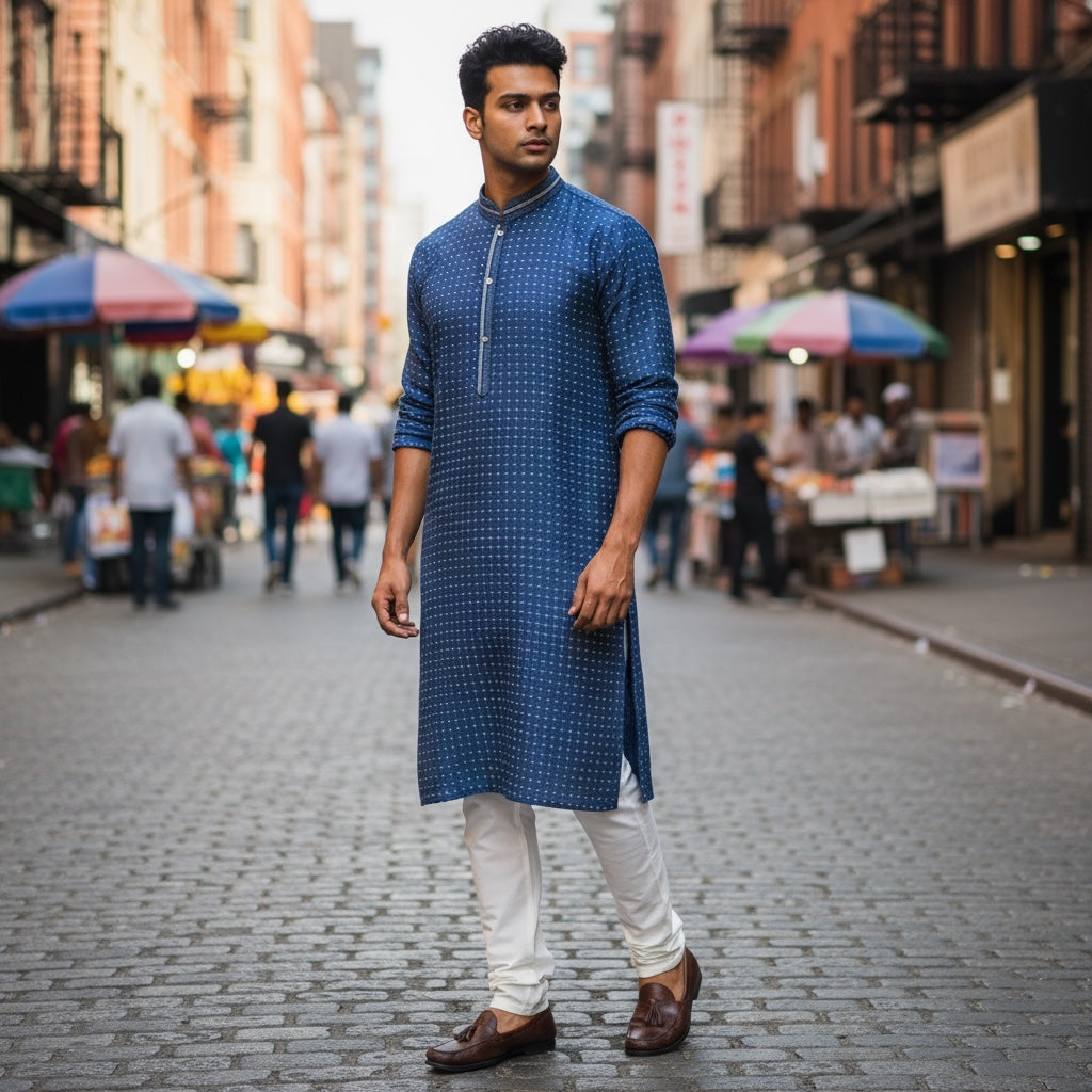 Navy Diamond Dot Kurta - Vintage India NYC