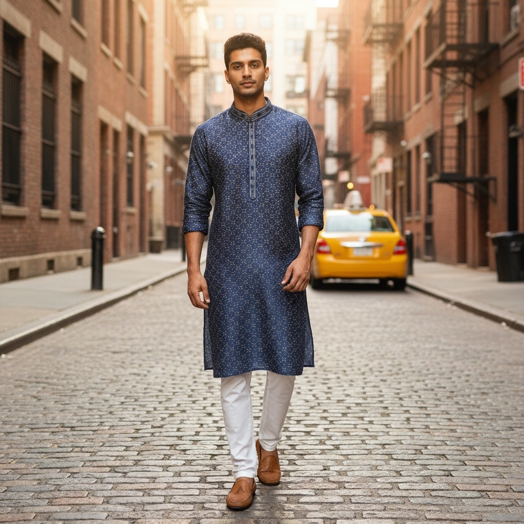 Navy Zari Dot  Diamond Kurta - Vintage India NYC