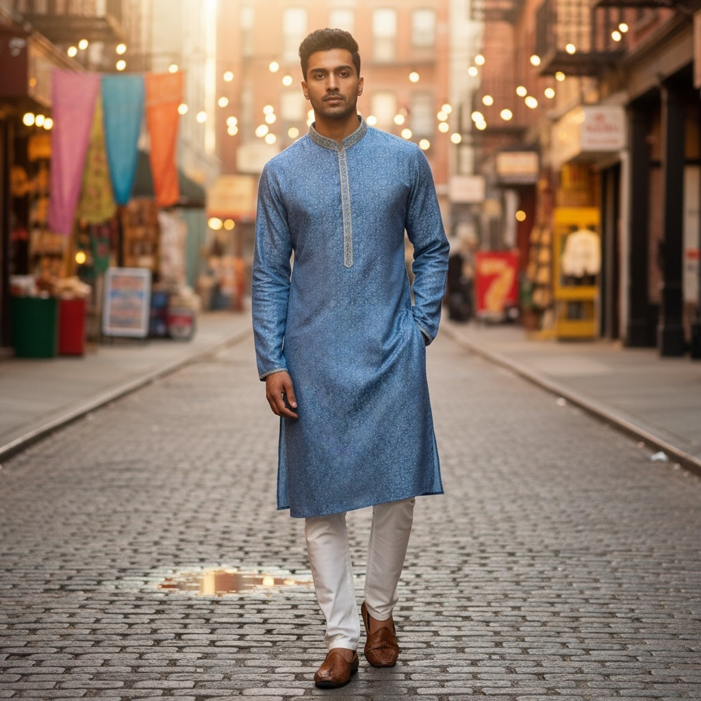 Steel Blue Jacquard Kurta - Vintage India NYC