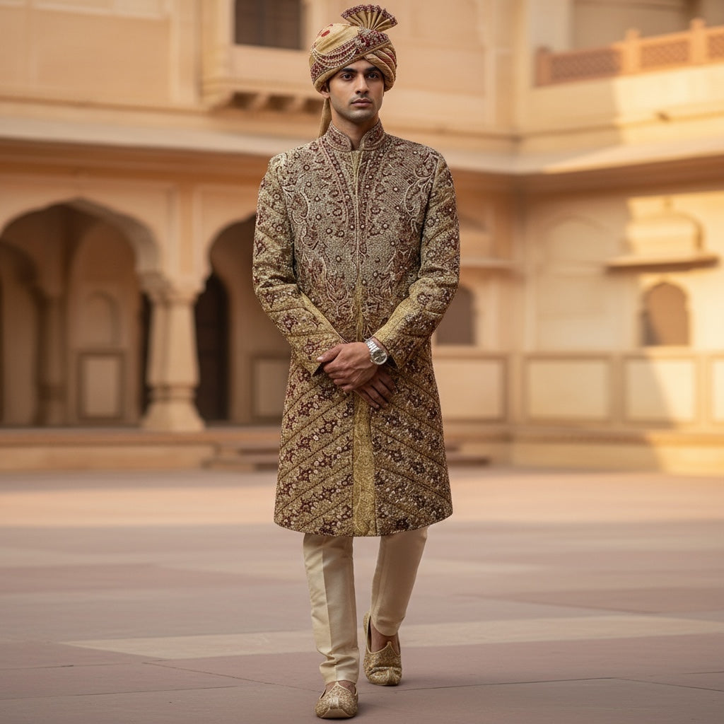 Heavywork Gold Sherwani - Vintage India NYC