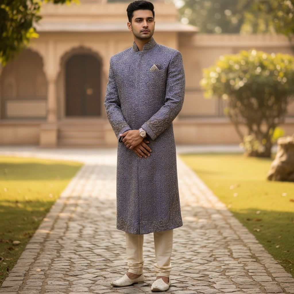 Purple Paisley Brocade Sherwani - Vintage India NYC