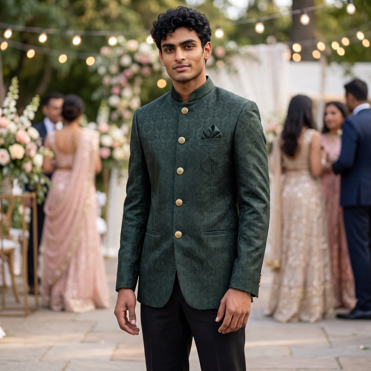 Bottle Green Ornate Crest Jodhpuri Jacket